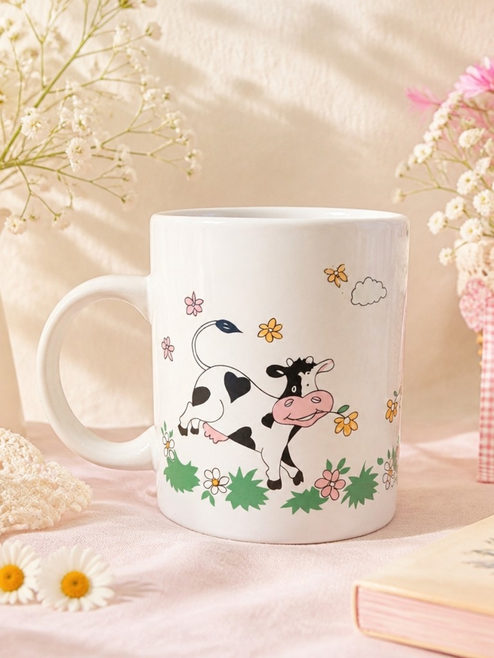 Cute Cow Ceramic Coffee Mug - White with Pink & Green Accents